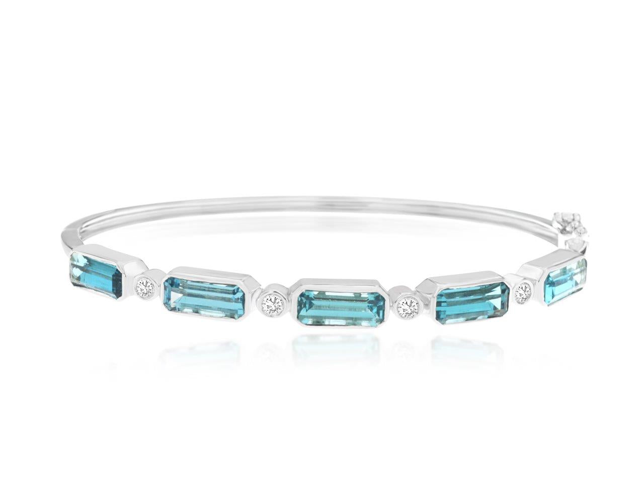 14K White Gold Swiss Blue Topaz &amp; Diamond Emerald Shape Bangle Bracelet (8)
