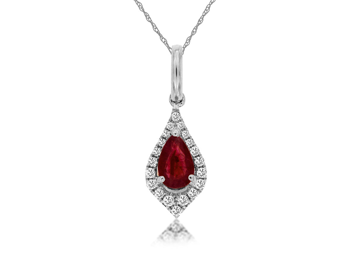 14K White Gold Ruby Halo Necklace with Pear Shape Pendant - 0.42 ct