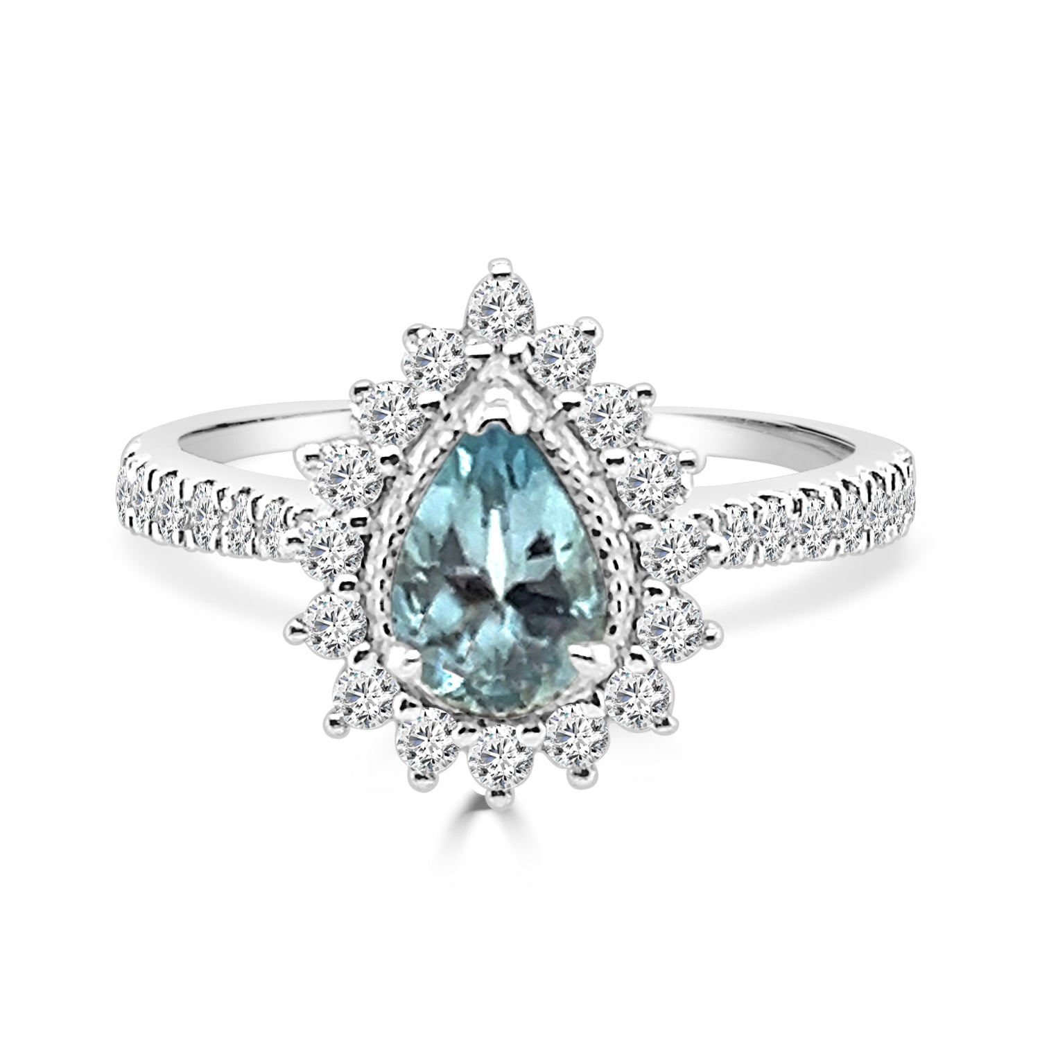 14K White Gold Halo Aquamarine Ring with Pear Shape Design - 0.65 Carat