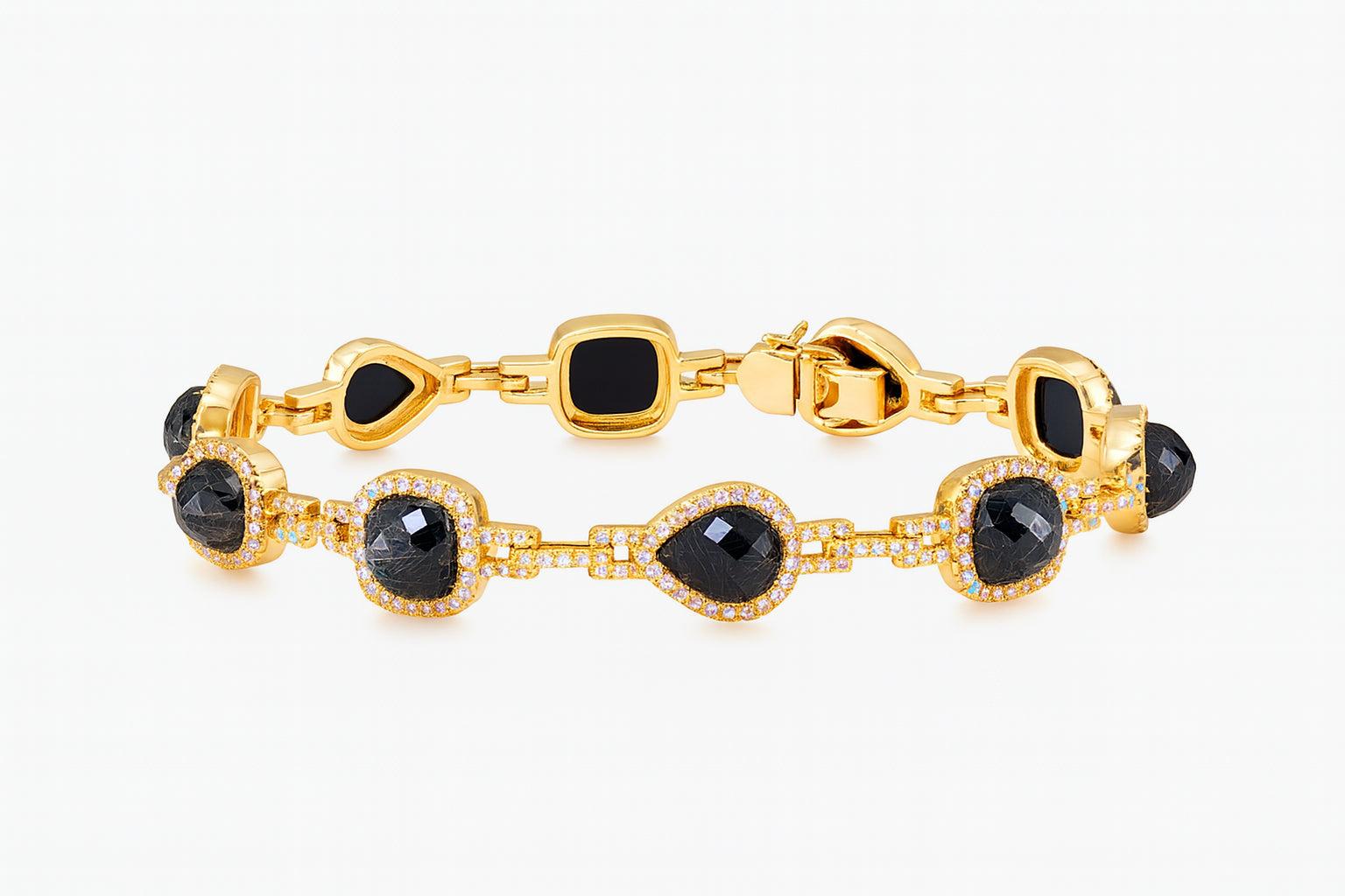 14K Yellow Gold Onyx Bracelet with Rose Cut Pear and Cushion Stones - 14.94 Carats