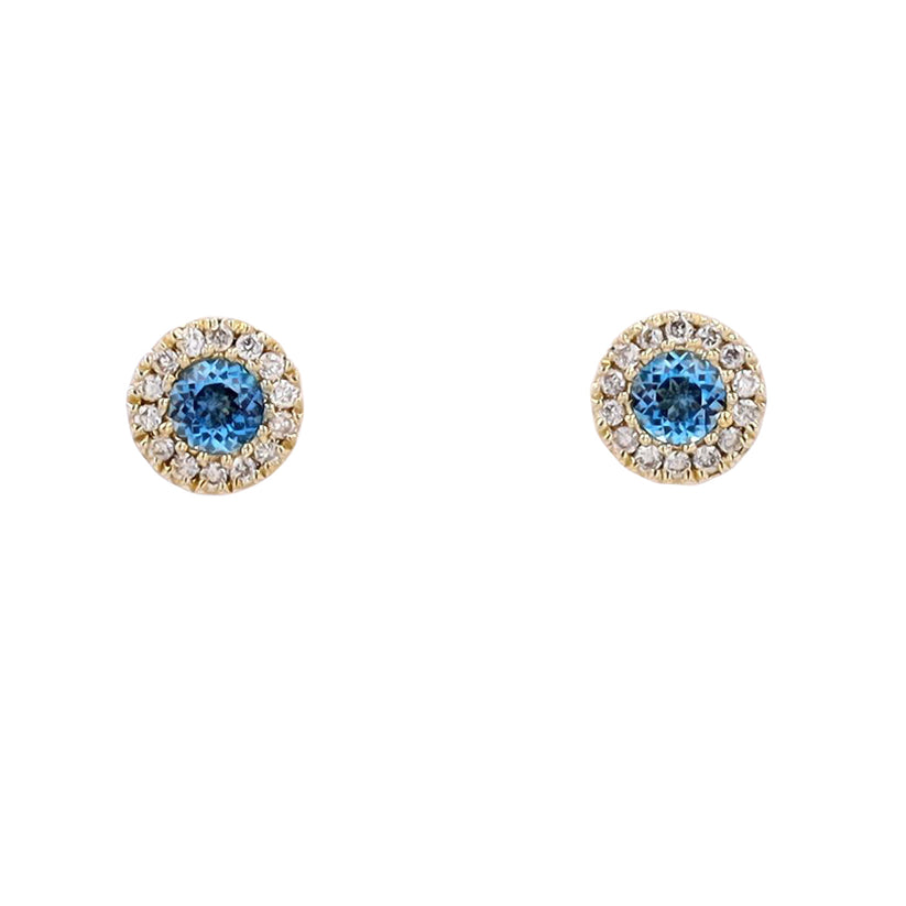 London Blue Topaz Stud Earrings with Diamond Halo in 10 Karat Yellow Gold, Round Shape (0.16 ct)