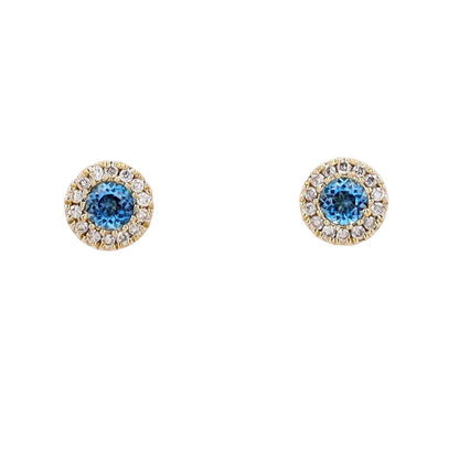 London Blue Topaz Stud Earrings with Diamond Halo in 10K Yellow Gold - Round Shape, 0.16 Carats
