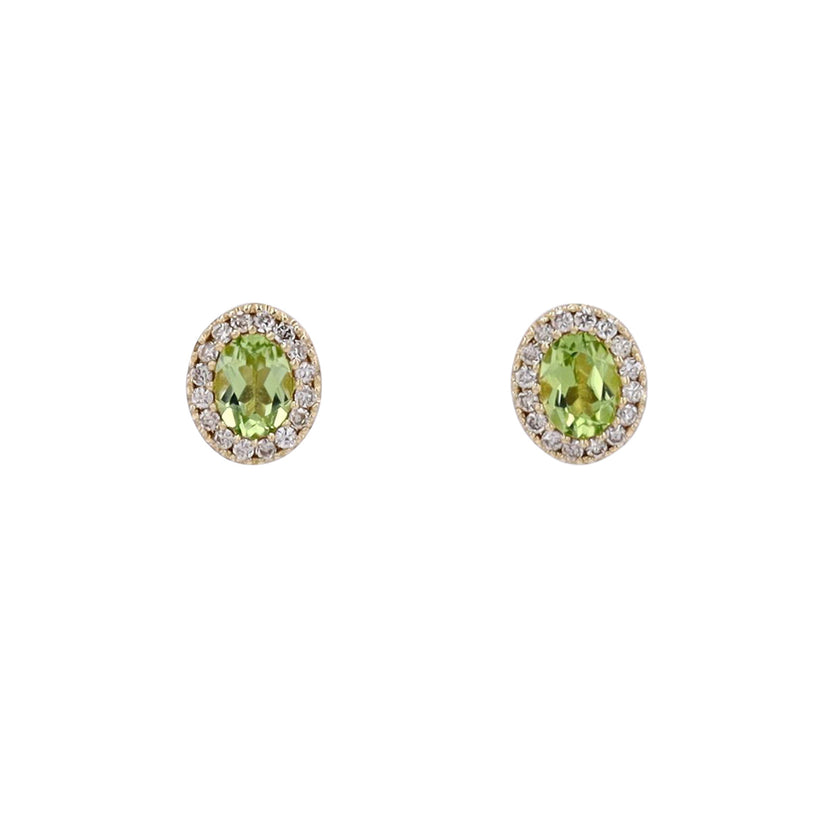 Peridot and Diamond Halo Stud Earrings in 10K Yellow Gold