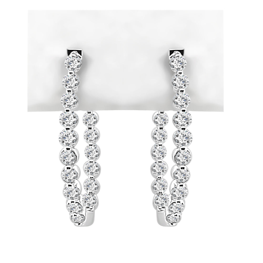 14K White Gold Oval Inside/Out Diamond Hoop Earrings with 1.00ct Natural Round Diamonds