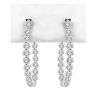 14K White Gold Oval Inside/Out Diamond Hoop Earrings with 1.00ct Natural Round Diamonds