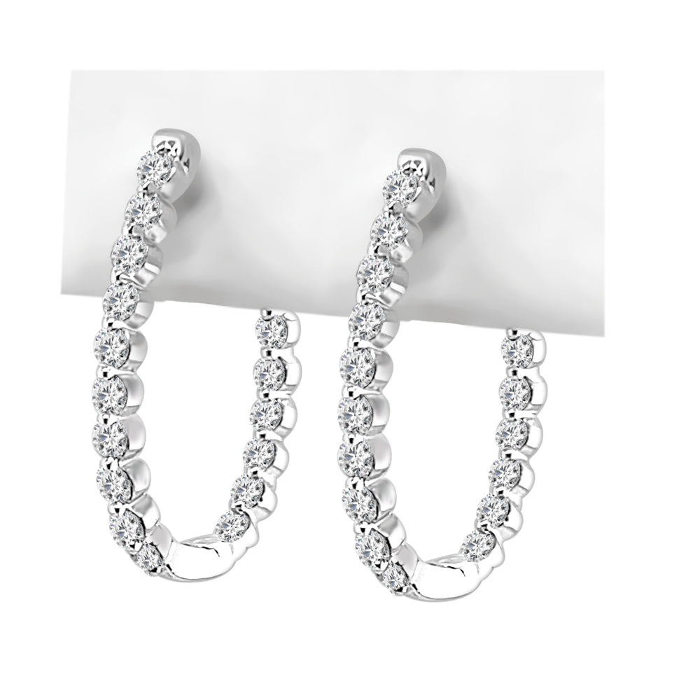 14K White Gold Oval Inside/Out Diamond Hoop Earrings with 1.00ct Natural Round Diamonds