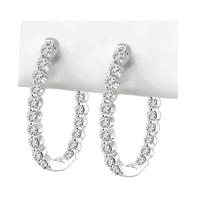 14K White Gold Oval Inside/Out Diamond Hoop Earrings with 1.00ct Natural Round Diamonds