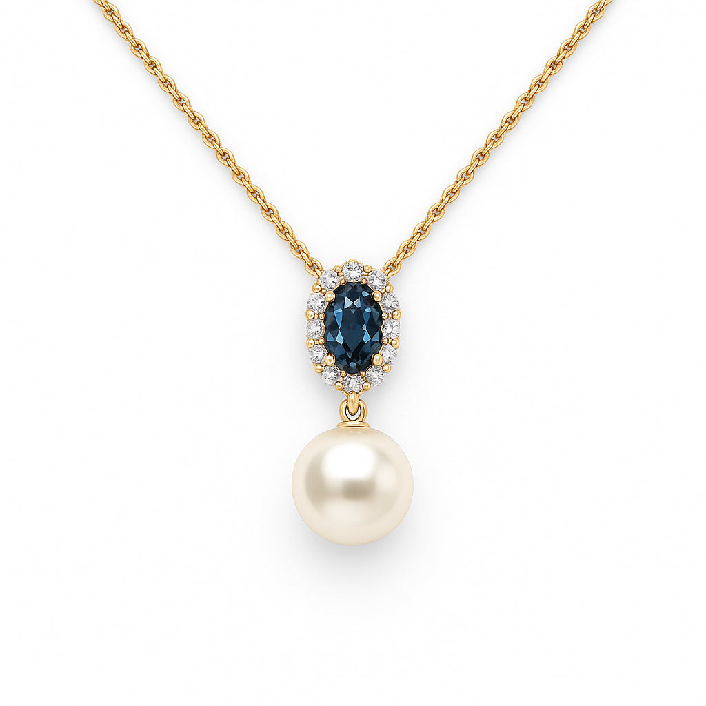 London Blue Topaz and Pearl Pendant Necklace in 14 Karat Yellow Gold - Oval Shape, 0.60 Carats