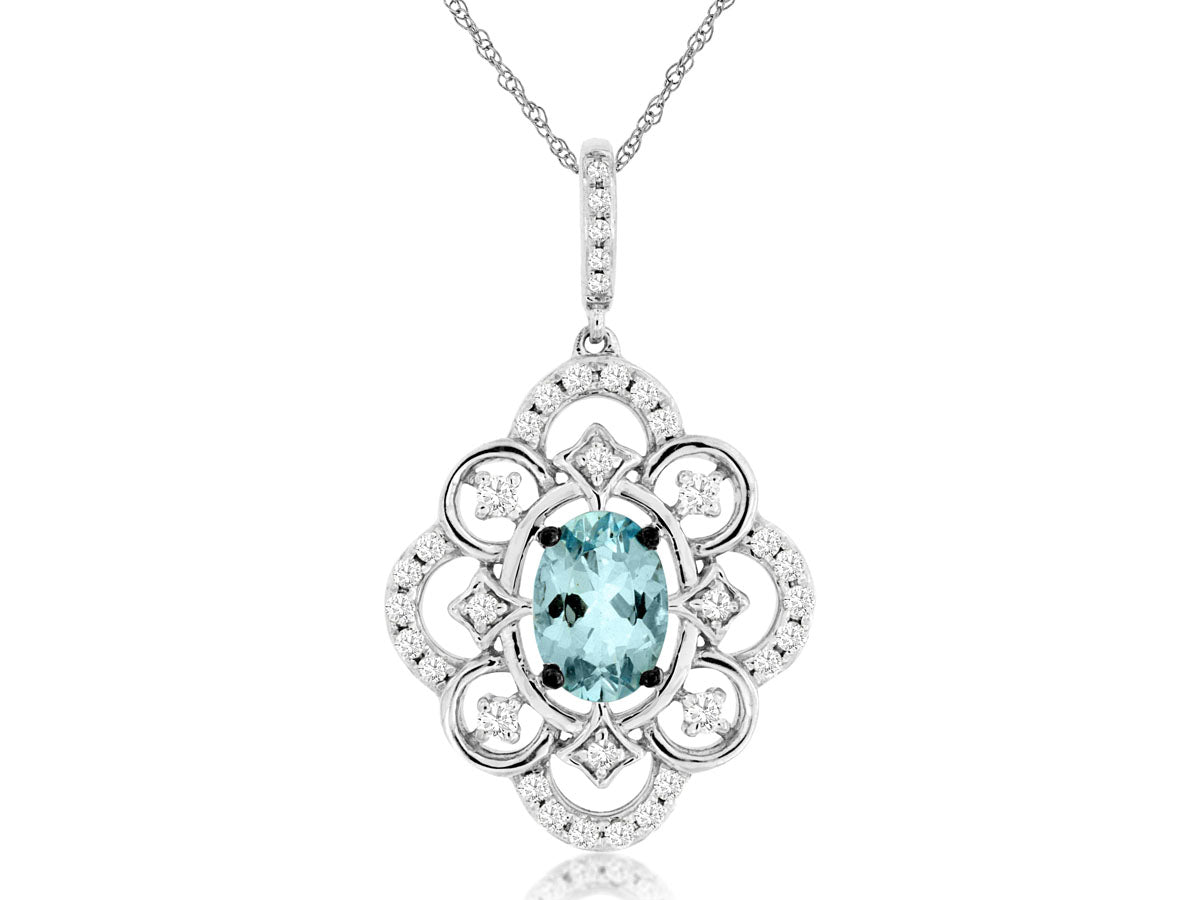 14K White Gold Aquamarine and Diamond Oval Pendant Necklace - 0.68 Carat