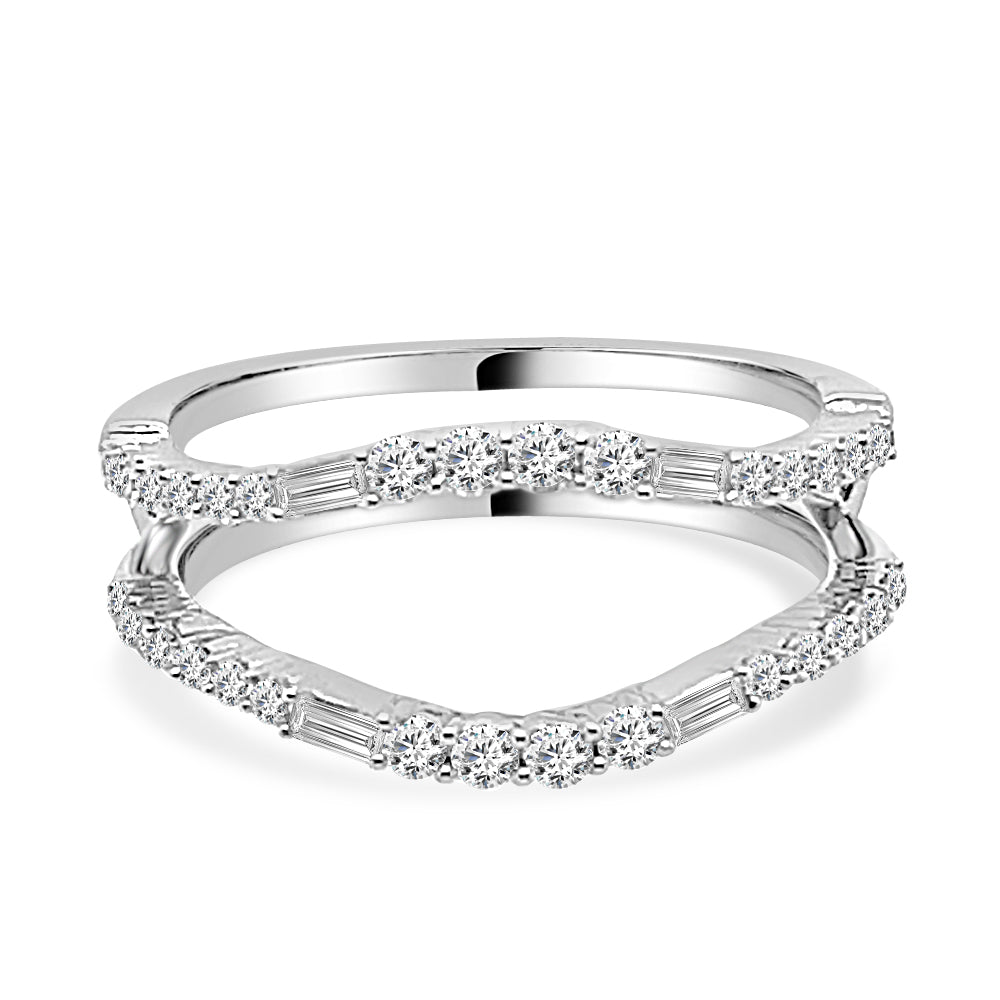 14K White Gold Wedding Band with Round and Emerald Cut Bowed Natural Diamond - 0.50 ct