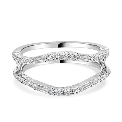 14K White Gold Wedding Band with Round and Emerald Cut Bowed Natural Diamond - 0.50 ct