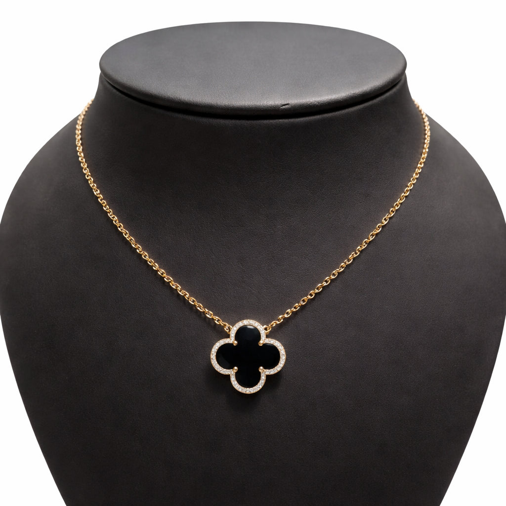 14K Yellow Gold Clover Halo Onyx Necklace - 2.05 Carats