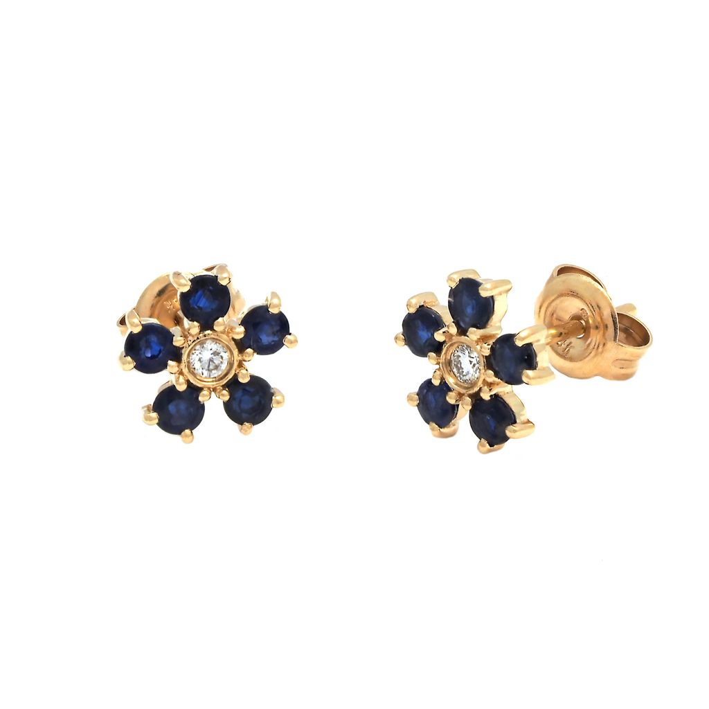 14K Yellow Gold Blue Sapphire Flower Stud Earrings, 0.72 ct