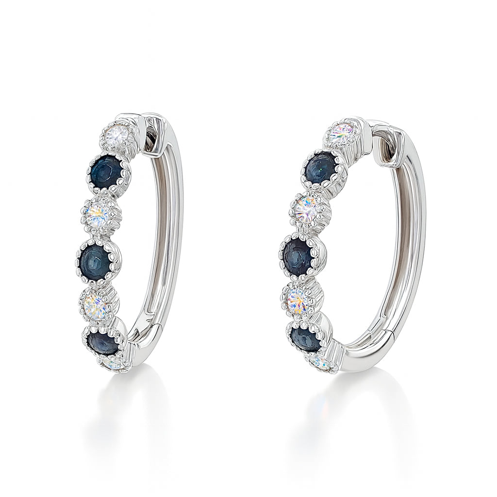 0.74 Carat Blue Sapphire and Diamond Hoops in 14 Karat White Gold - Round Shape Earrings