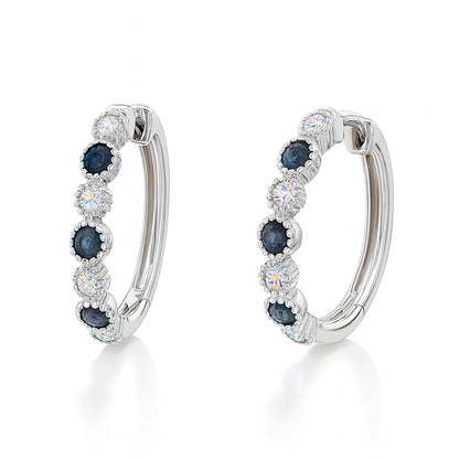 0.74 Carat Blue Sapphire and Diamond Hoops in 14 Karat White Gold - Round Shape Earrings