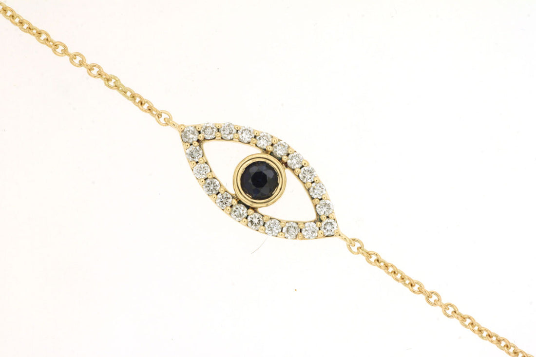 14 Karat Yellow Gold Evil Eye Bracelet with Blue Sapphire - Round Shape 0.14ct