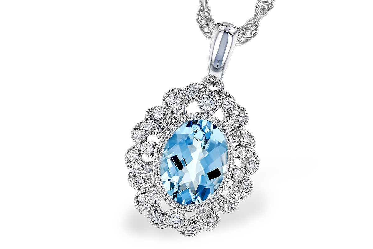 14K White Gold Filigree Aquamarine Pendant Necklace with 0.98 carat Aquamarine Gemstone