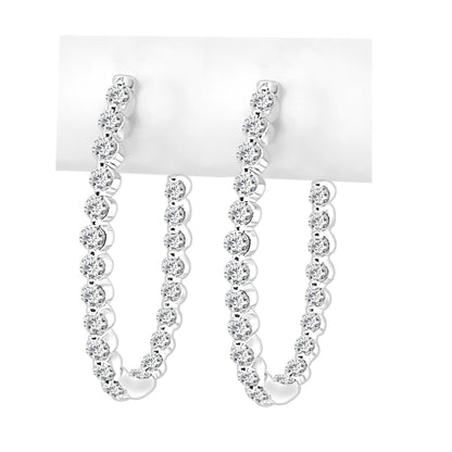 14K White Gold Oval Inside/Out Diamond Hoop Earrings - Round 1.50ct Natural Diamonds