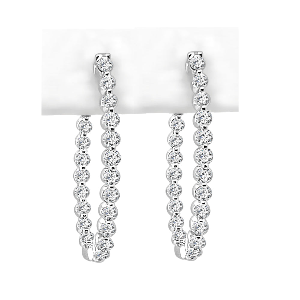 14K White Gold Oval Inside/Out Diamond Hoop Earrings - Round 1.50ct Natural Diamonds