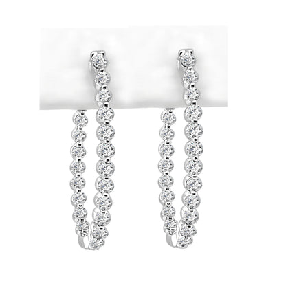 14K White Gold Oval Inside/Out Diamond Hoop Earrings - Round 1.50ct Natural Diamonds