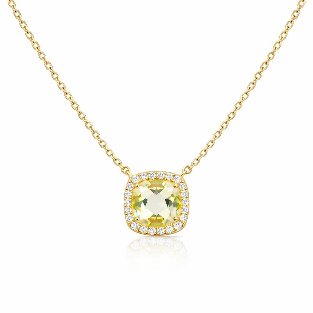 14 Karat Yellow Gold Lemon Quarts Halo Pendant Necklace