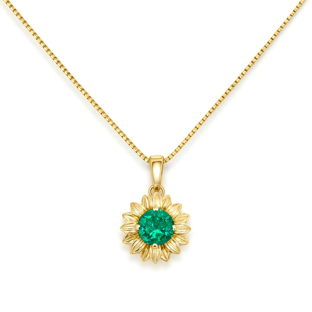 Sunflower Bloom: 14 Karat Yellow Gold Emerald Necklace - Round Shape, 0.56 ct