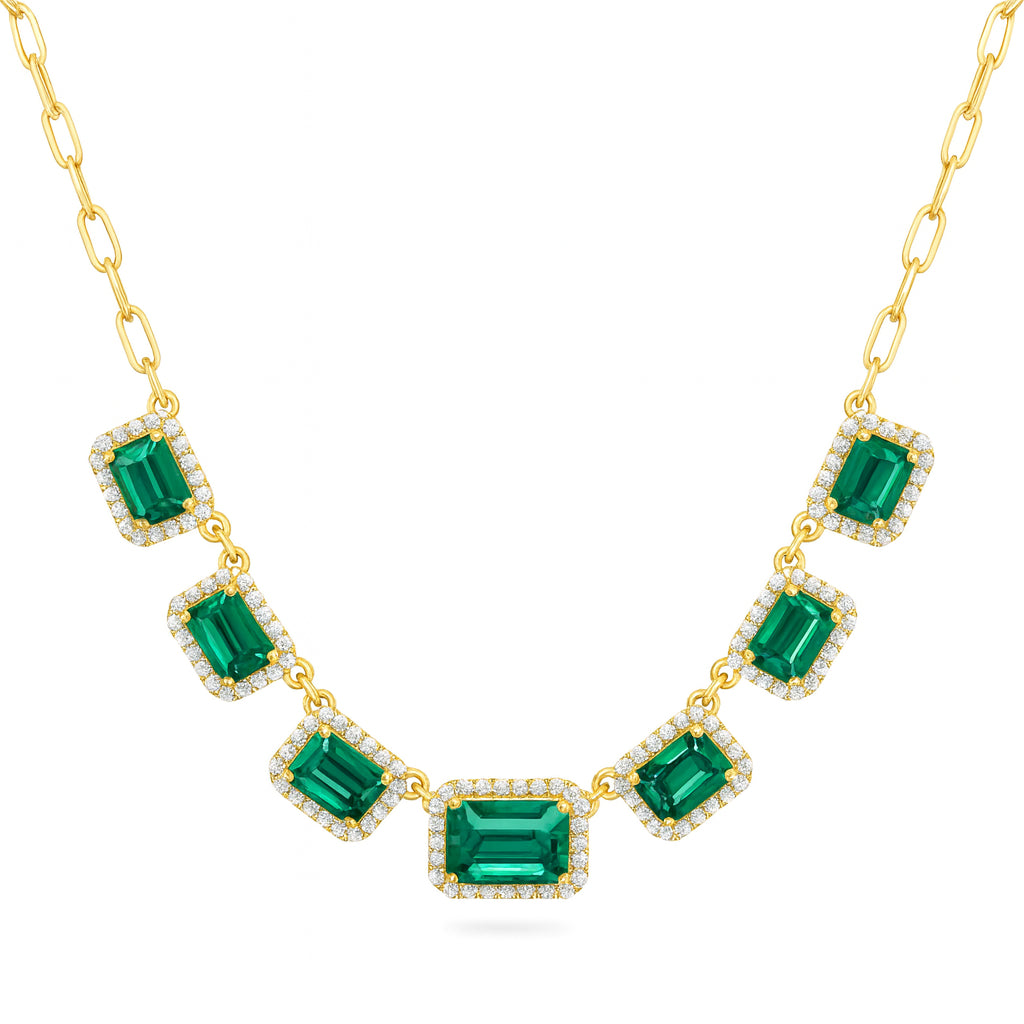 Emerald Graduated Halo Necklace in 14 Karat Yellow Gold - 3.25 Carats