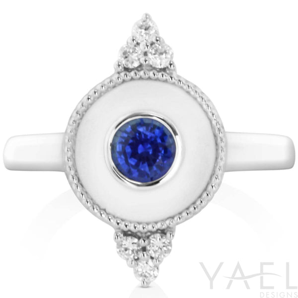 Luxurious Regalia White Enamel Rd Halo Ring in 14 Karat White Gold with Blue Sapphire 0.56 ct
