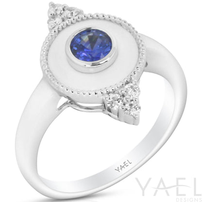Luxurious Regalia White Enamel Rd Halo Ring in 14 Karat White Gold with Blue Sapphire 0.56 ct
