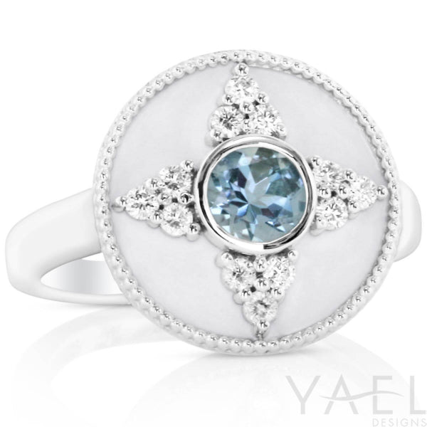 14K White Gold Aquamarine Halo Ring with Regalia White Enamel Accent - 0.47 ct