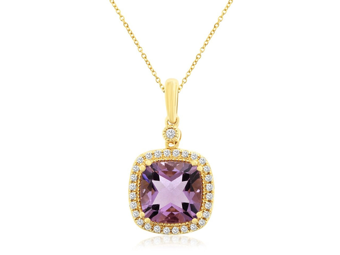 2.50 Cushion Shape Amethyst Halo Necklace in 14 Karat Yellow Gold