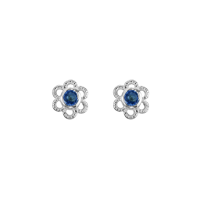 Sterling Silver Flower Child Stud Earrings with Lab Sapphire Gems