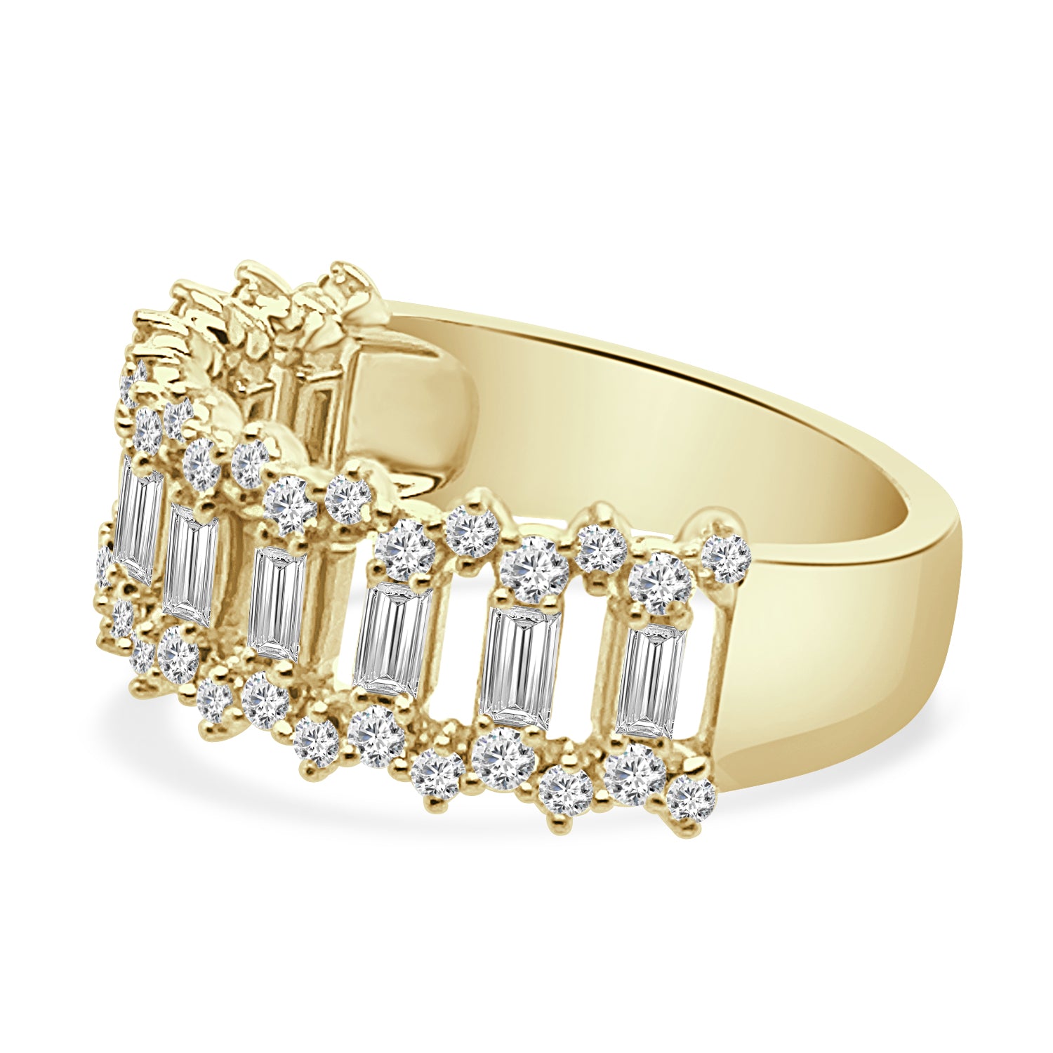 Regal Baguette and Round Diamond Ring in 14 Karat Yellow Gold - 0.87 Carat Natural Diamonds