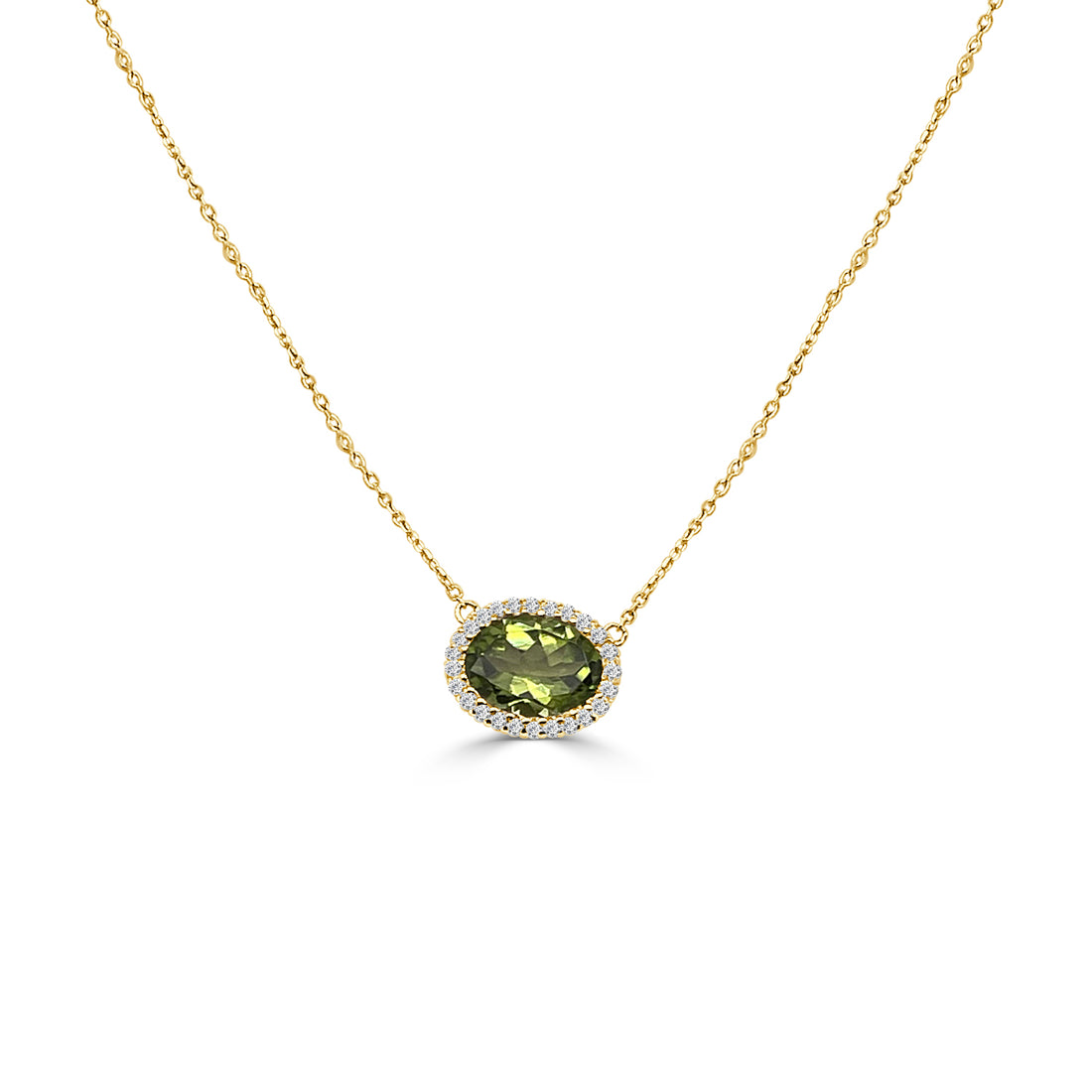 Radiant Peridot and Diamond Halo Necklace in 14K Yellow Gold - 1.30 Carats