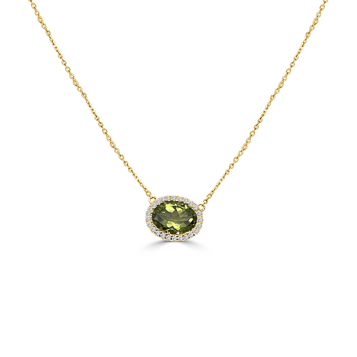 Radiant Peridot and Diamond Halo Necklace in 14K Yellow Gold - 1.30 Carats