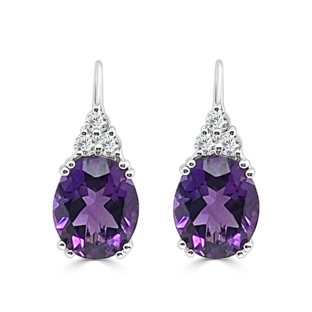 14K White Gold Amethyst and Diamond Oval Drop Earrings - 9
