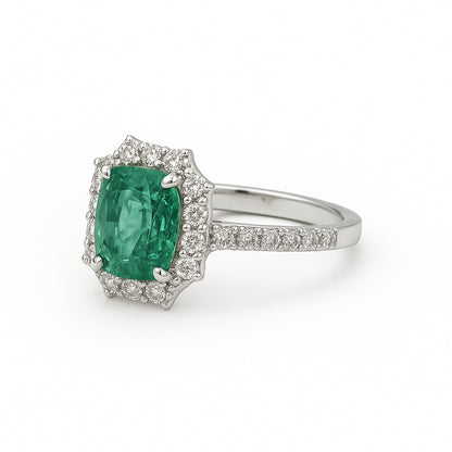 Stunning 2.20 Carat Cushion Cut Emerald Ring with Diamond Halo in 18K White Gold