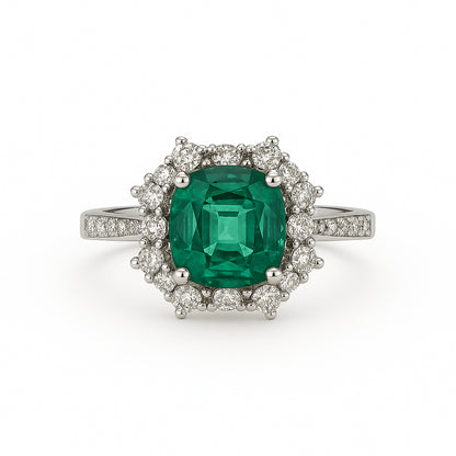 Stunning 2.20 Carat Cushion Cut Emerald Ring with Diamond Halo in 18K White Gold