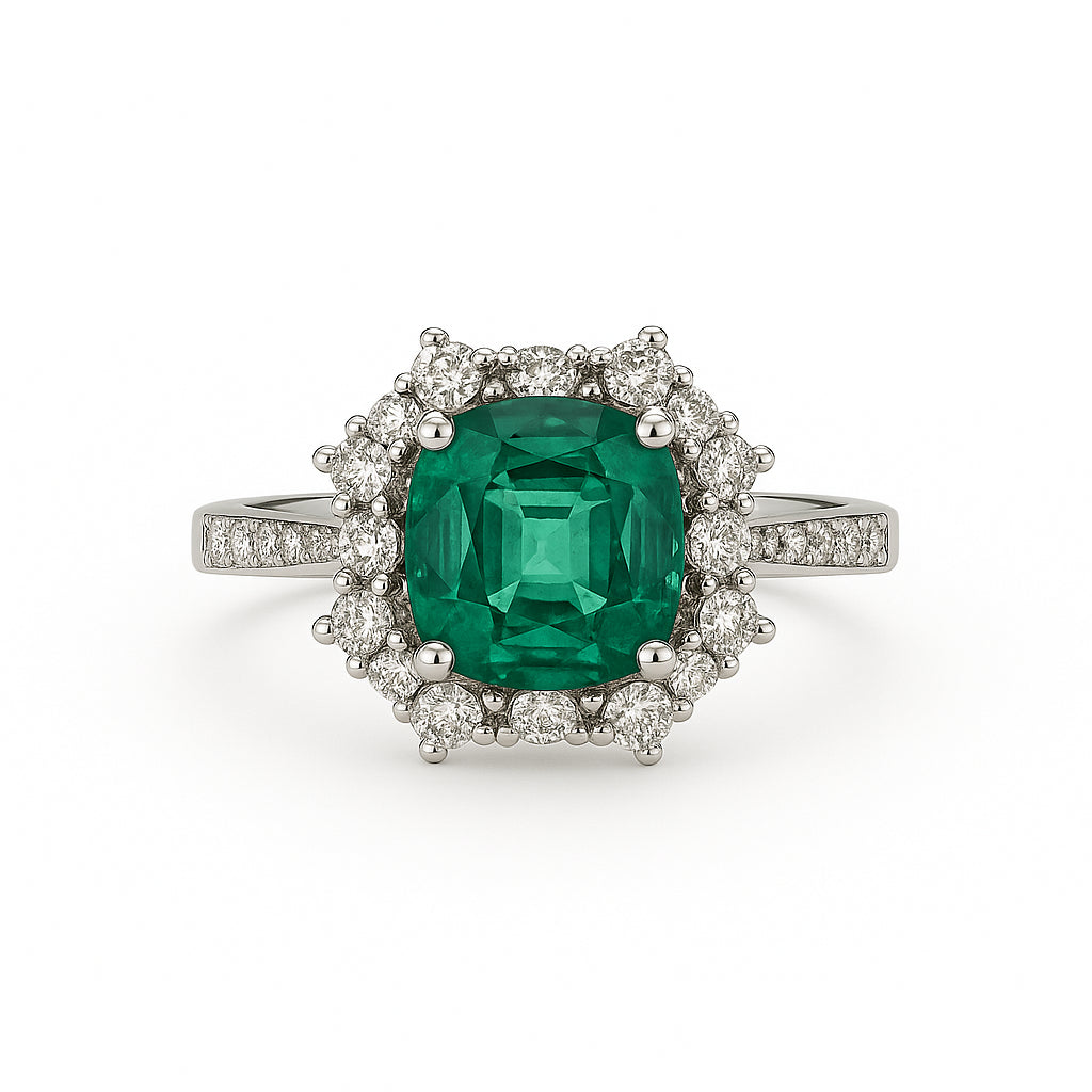 2.20 Cushion Cut Emerald Ring with Diamond Halo in 18 Karat White Gold