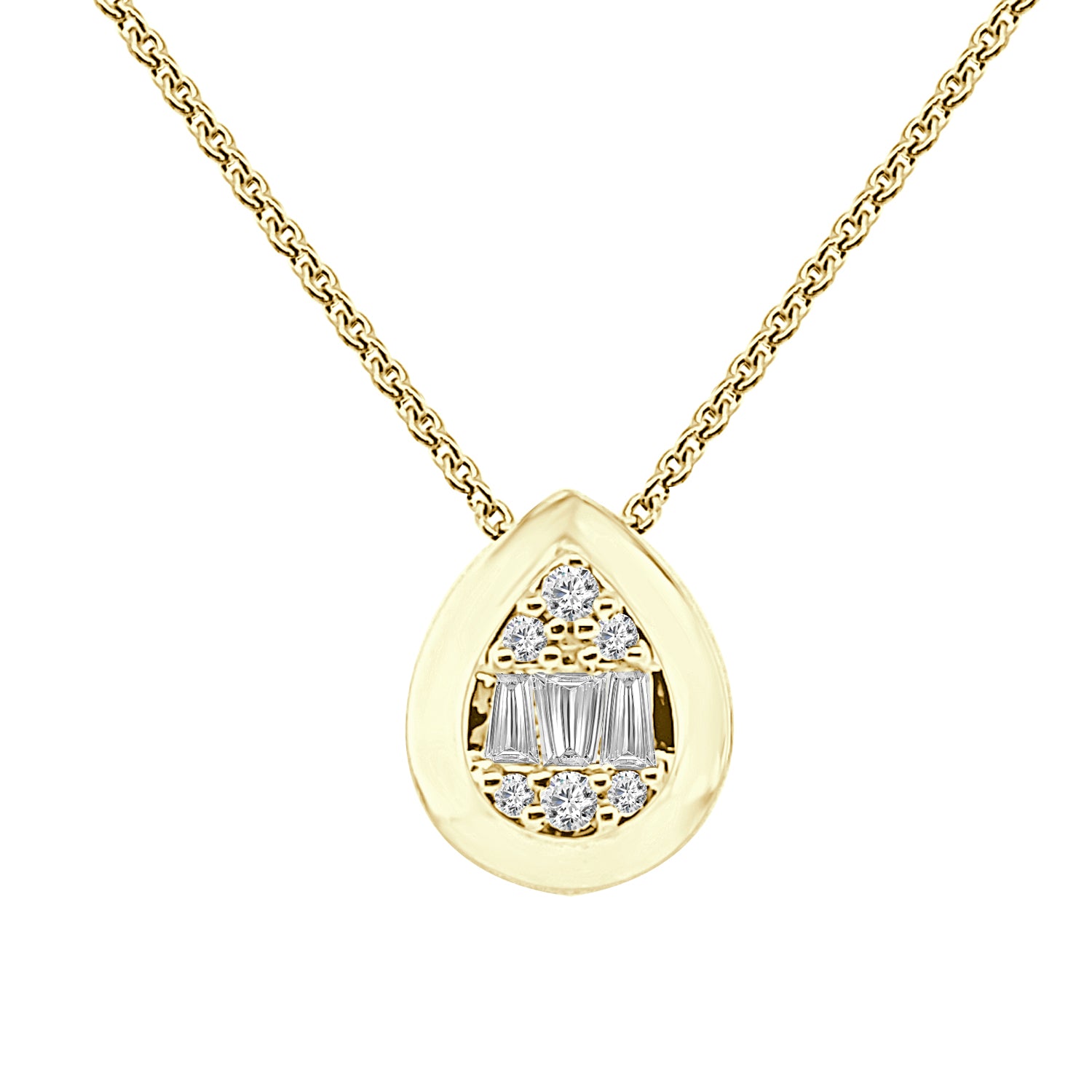 14K Yellow Gold Bezel Mosaic Pear Necklace with 0.18 ct Natural Diamond