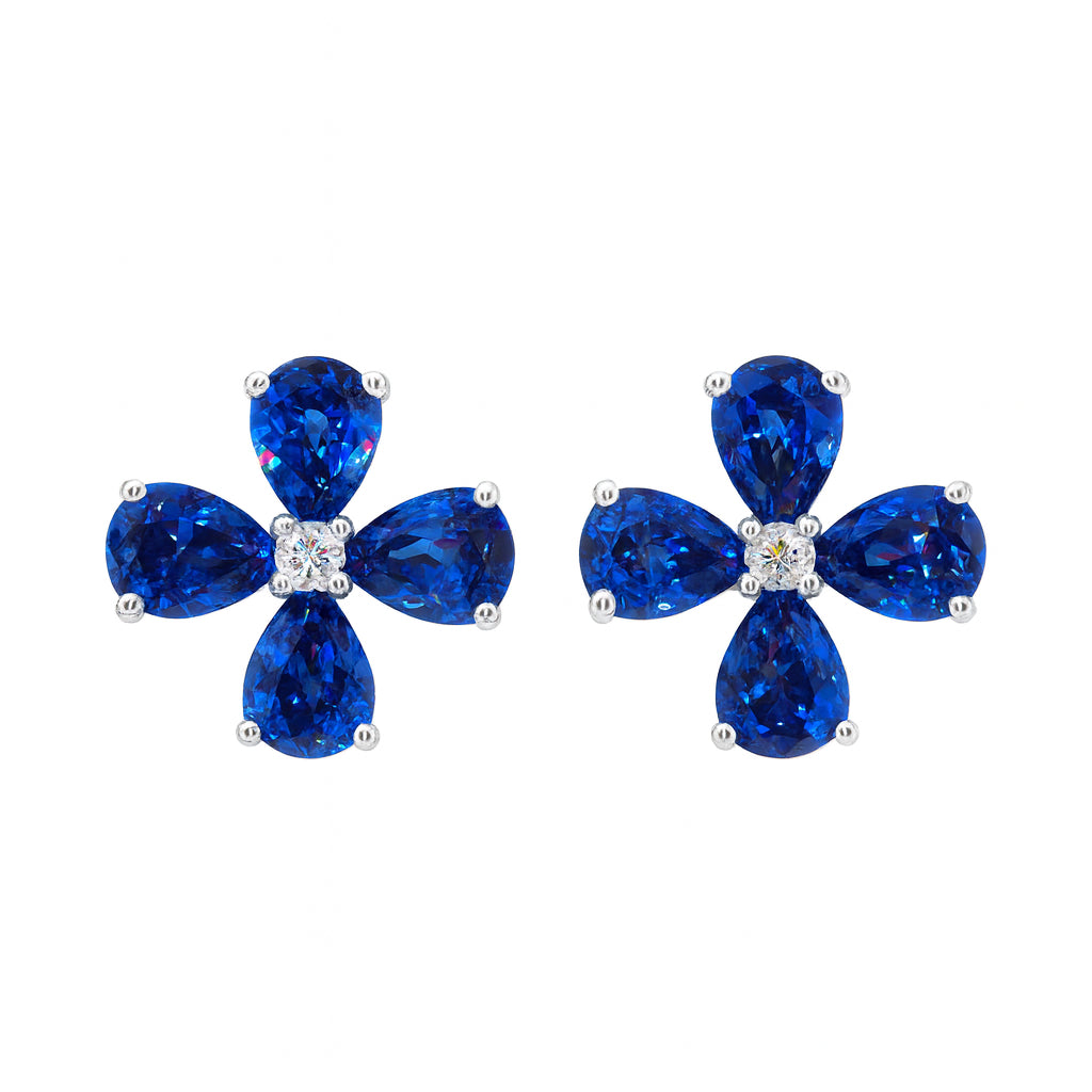 14K White Gold Blue Sapphire Flower Earrings with Pear Shape Stones (2.19 ct)