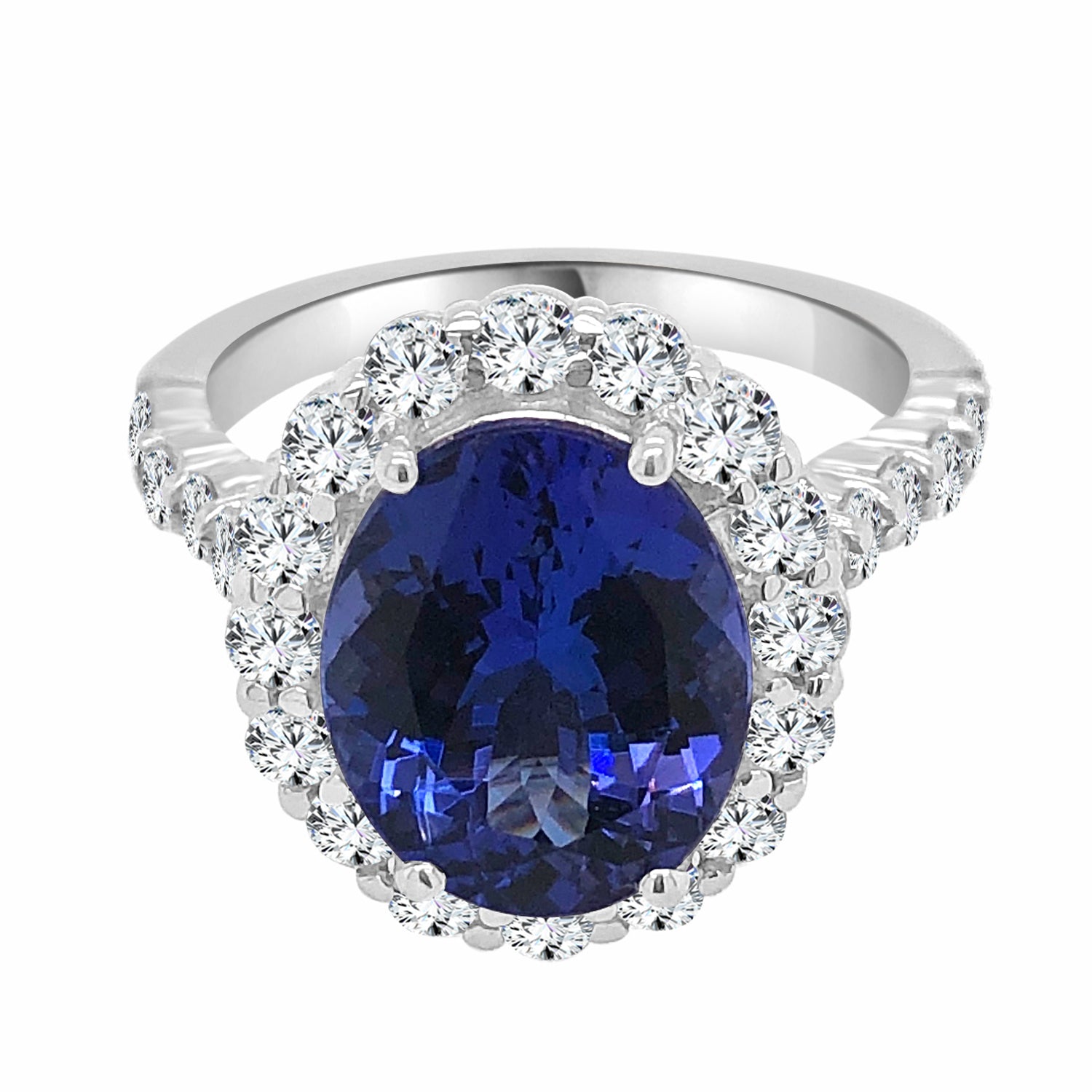 Sure! How about this title: Halo Oval Tanzanite Ring in 14 Karat White Gold - 3.58 Carats