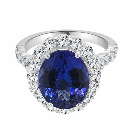 Sure! How about this title: Halo Oval Tanzanite Ring in 14 Karat White Gold - 3.58 Carats