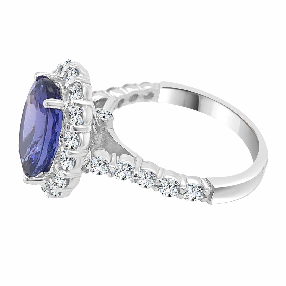14K White Gold Halo Tanzanite Ring with 3.58ct Oval Shape Stone