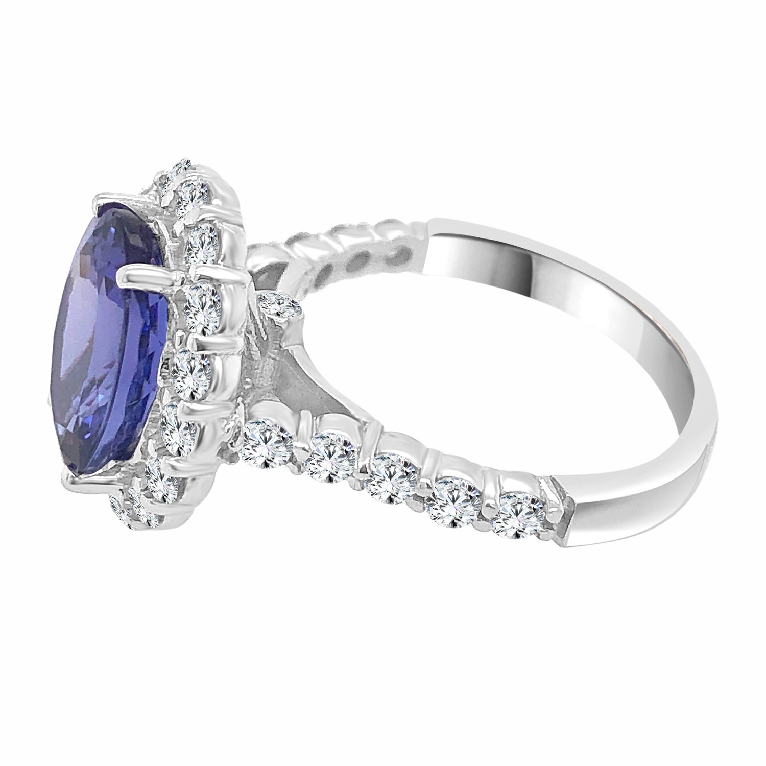 Sure! How about this title: Halo Oval Tanzanite Ring in 14 Karat White Gold - 3.58 Carats