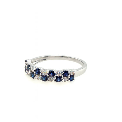 Blue Sapphire and Diamond Two Row Band in 14 Karat White Gold with 1.00 ct Round Blue Sapphire