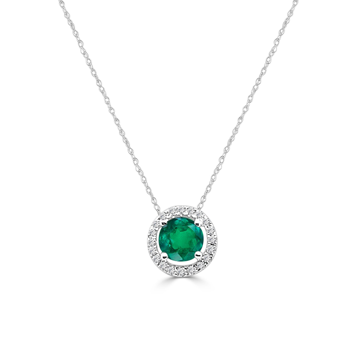 14K White Gold Emerald Pendant with Diamond Halo - Round Cut 0.45 Carats