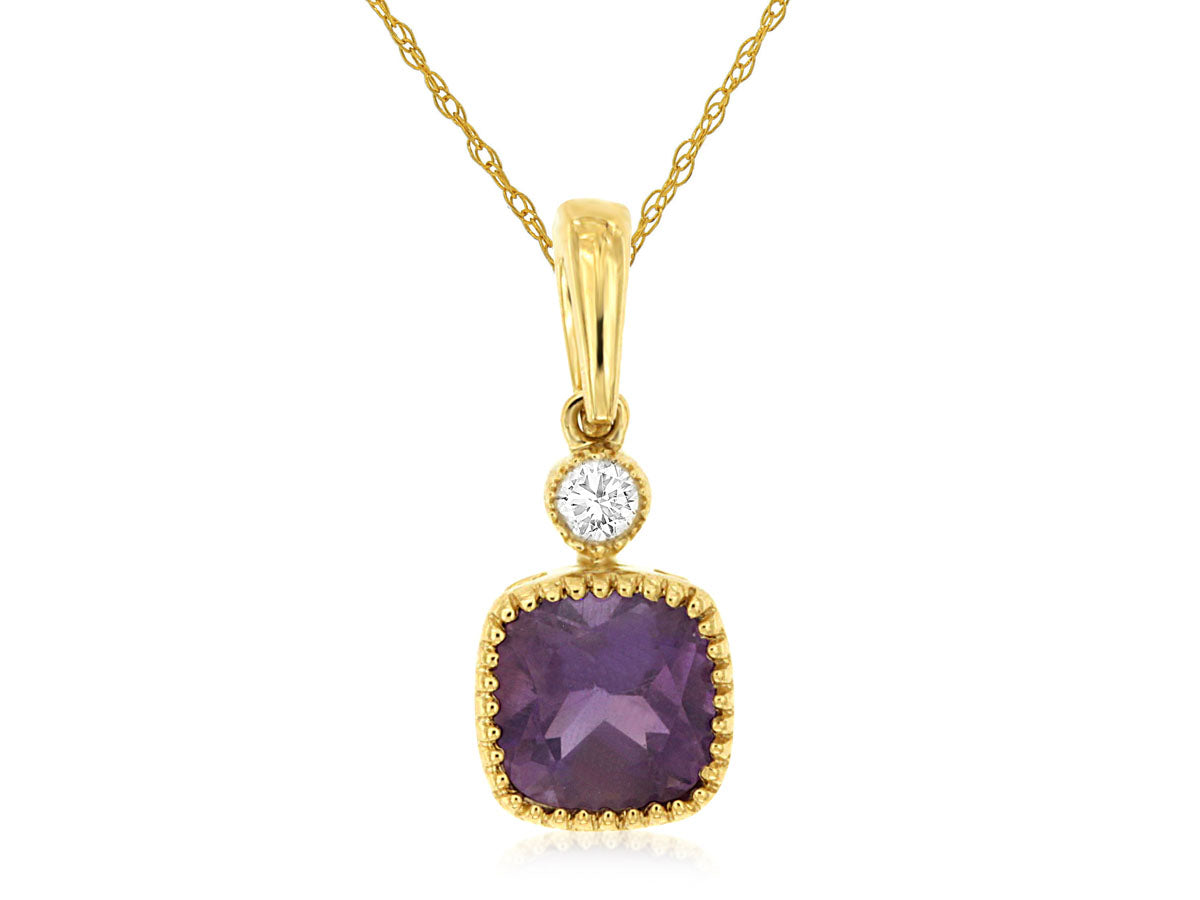 14K Yellow Gold Amethyst and Diamond Cushion Pendant Necklace - 0.75 ct