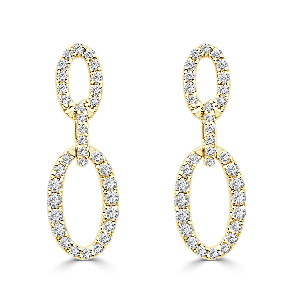 14K Yellow Gold Natural Diamond Linked Oval Drop Earrings - Round Shape 0.93 CTW