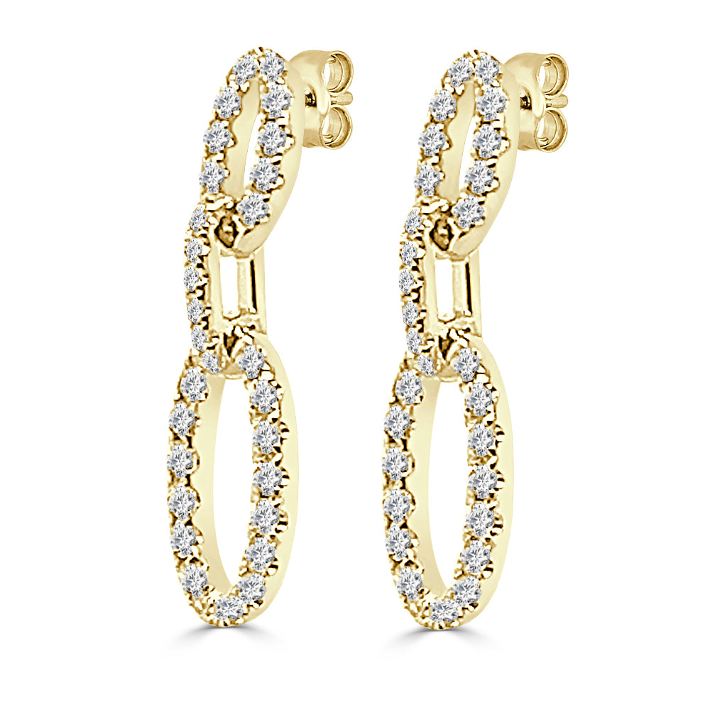 14K Yellow Gold Natural Diamond Linked Oval Drop Earrings - Round Shape 0.93 CTW